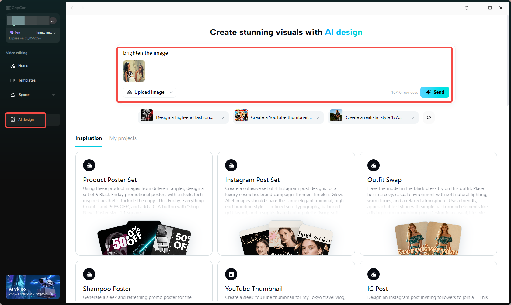 Accessing the AI design feature in CapCut