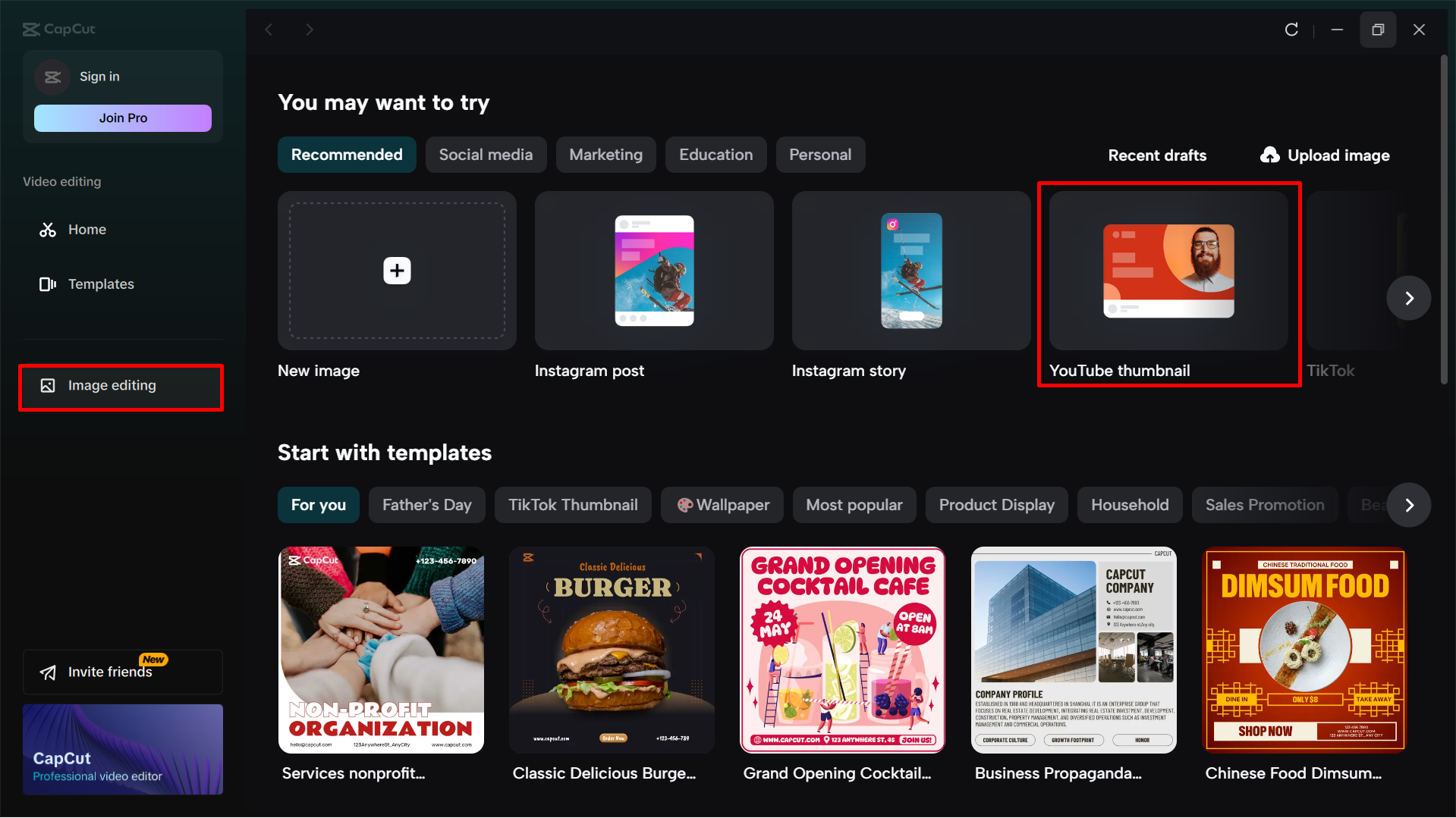 Choosing the template for YouTube thumbnail