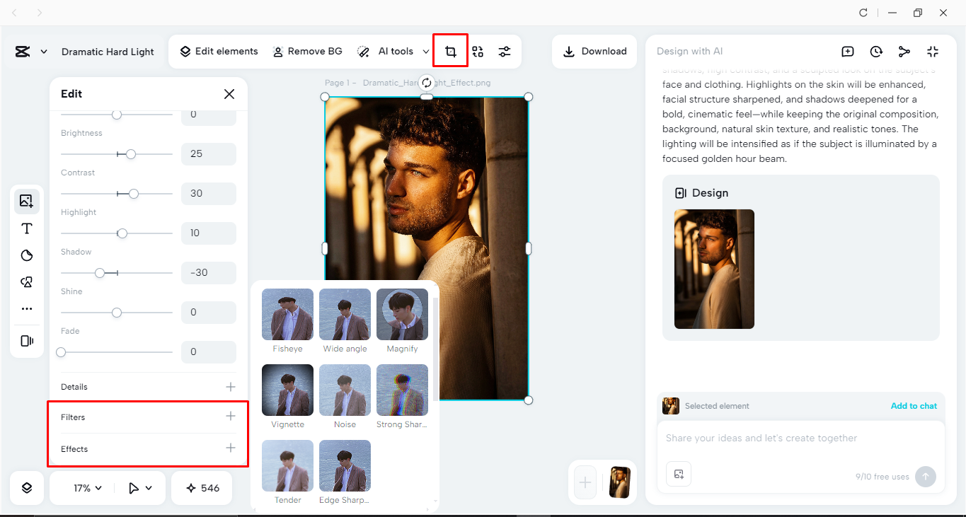 Editing the image with built-in tools in the CapCut desktop video editor