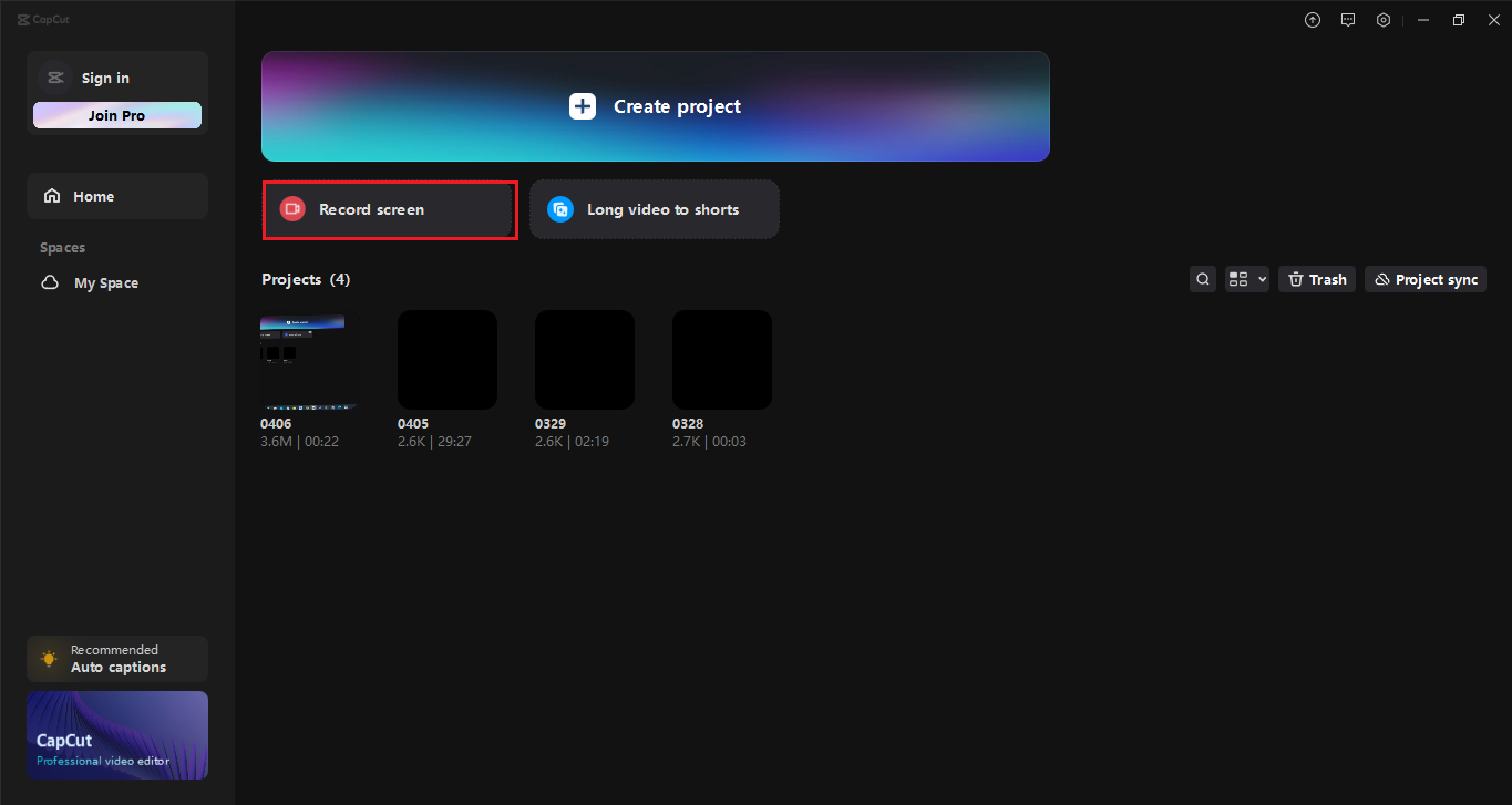 Accessing the screen recording feature in the CapCut desktop video editor