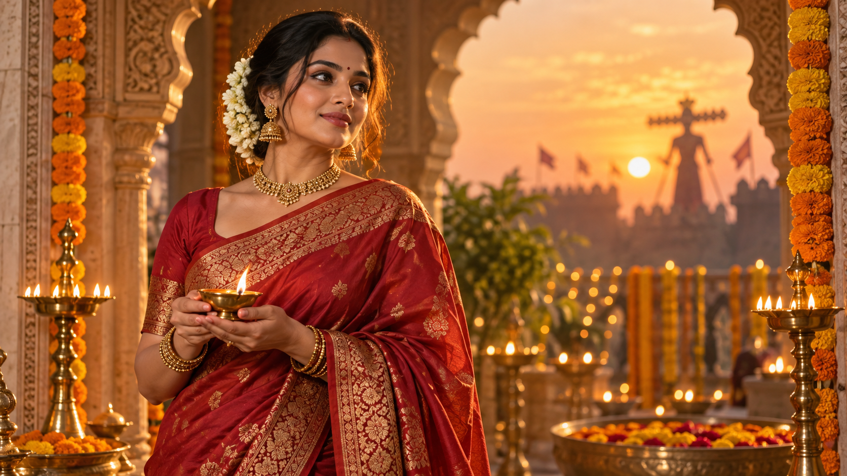 Dussehra AI-Fotoaufforderungen: Crimson Saree und Diya Portrait