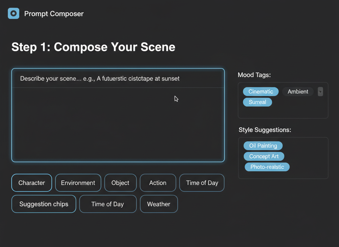 Richiedi l'interfaccia utente del compositore con descrizione della scena, tag dell'umore e chip di suggerimento su tema scuro.