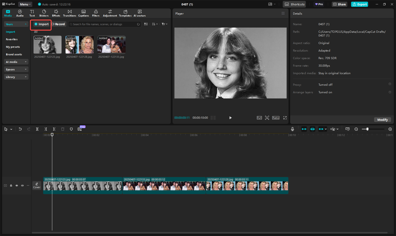 Importer l'image / vidéo dans CapCut