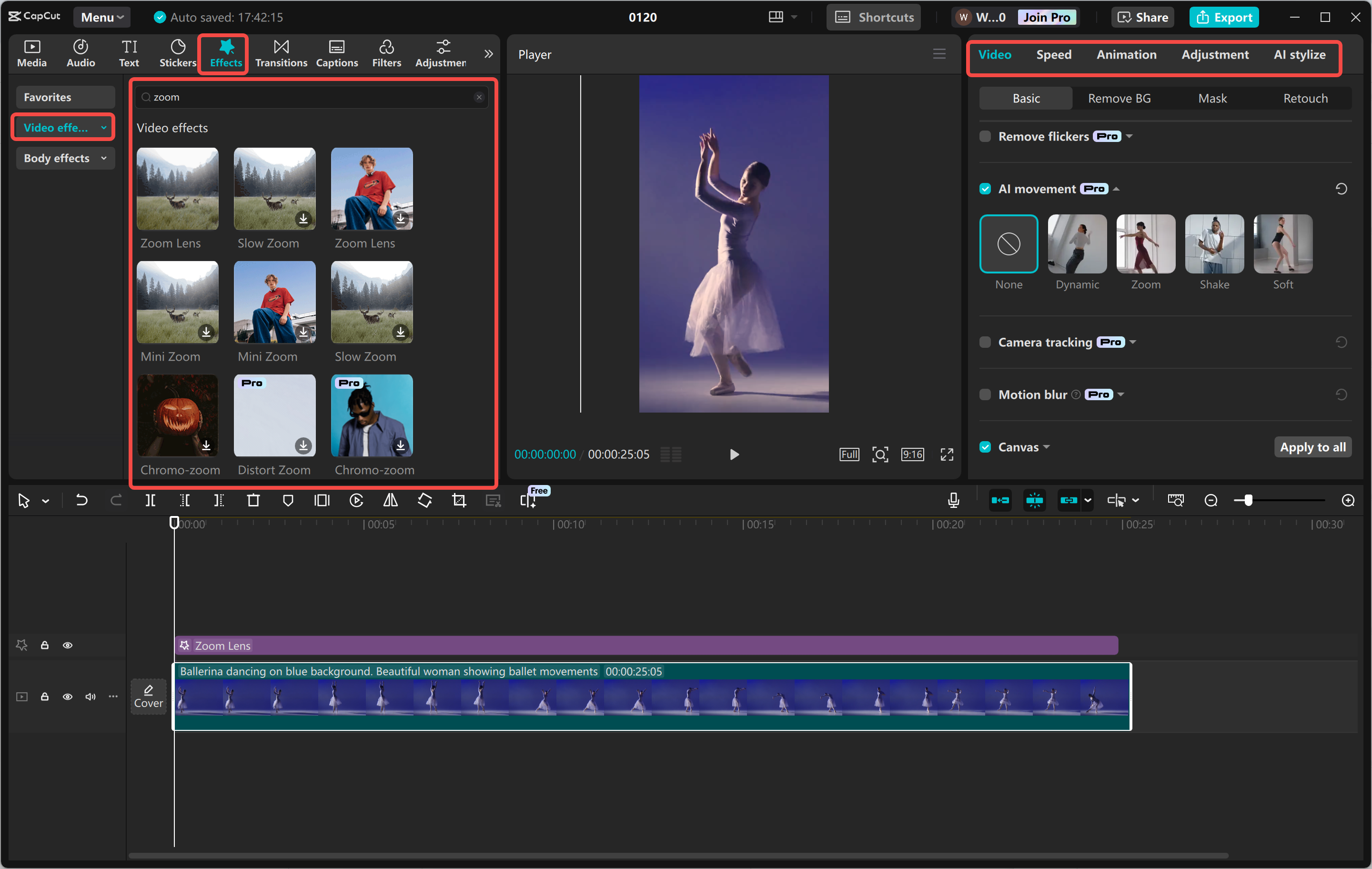 Applying and adjusting the zoom effect in video using the CapCut desktop video editor