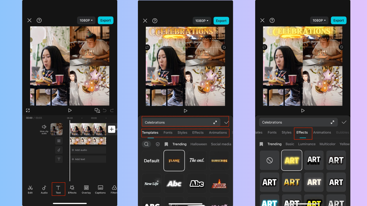 Add text, customize with effects