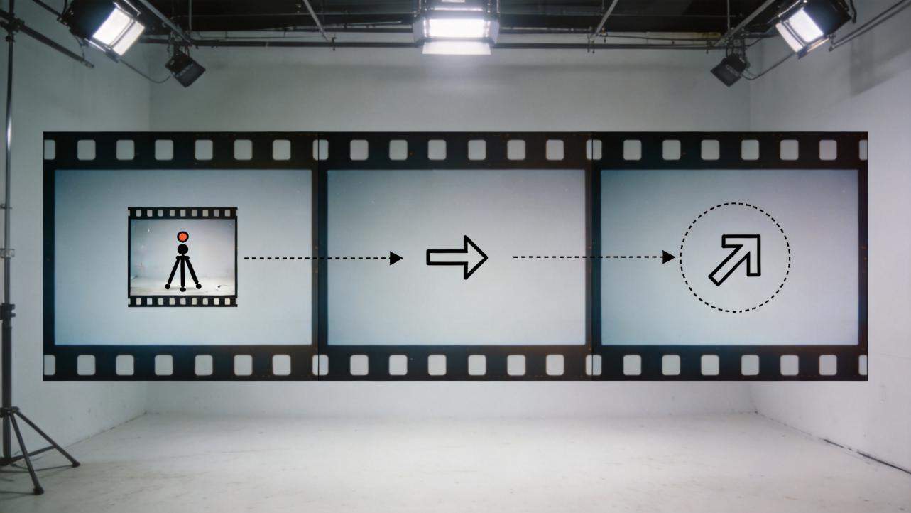 Filmstrip graphic with a camera icon, arrows, and an up-right arrow in a dotted circle