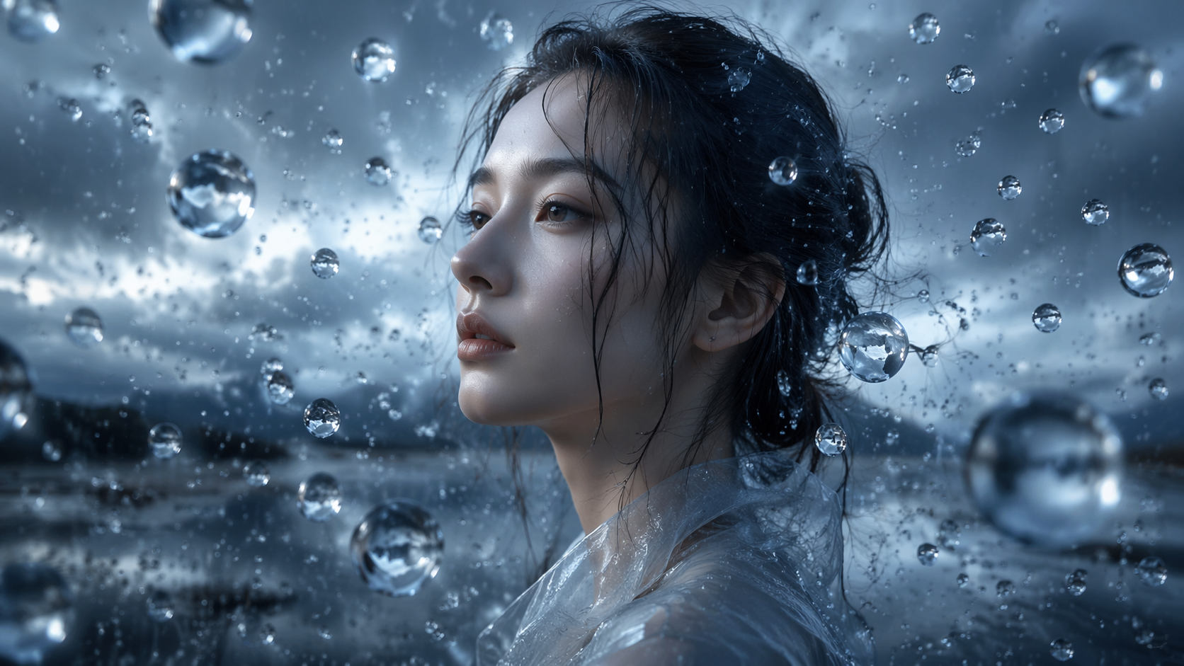 Dreamina-Eingabeaufforderung gesehen Regen-Eingabeaufforderung Beispiel 6: Soft Storm Portrait