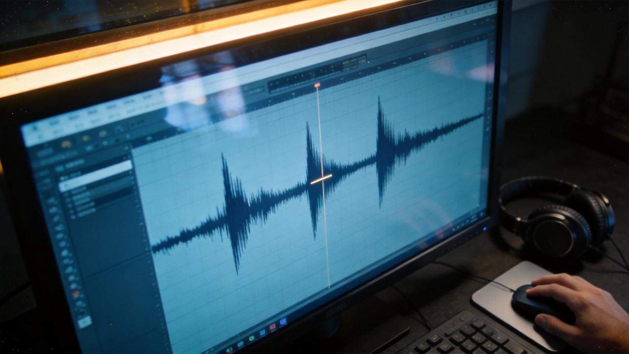 Audio waveform displayed on a computer monitor with headphones and a hand on a mouse