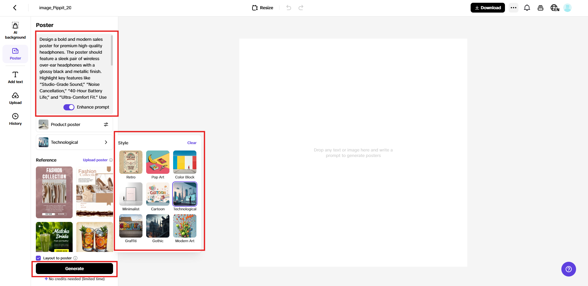 Add prompt and choose style of your poster