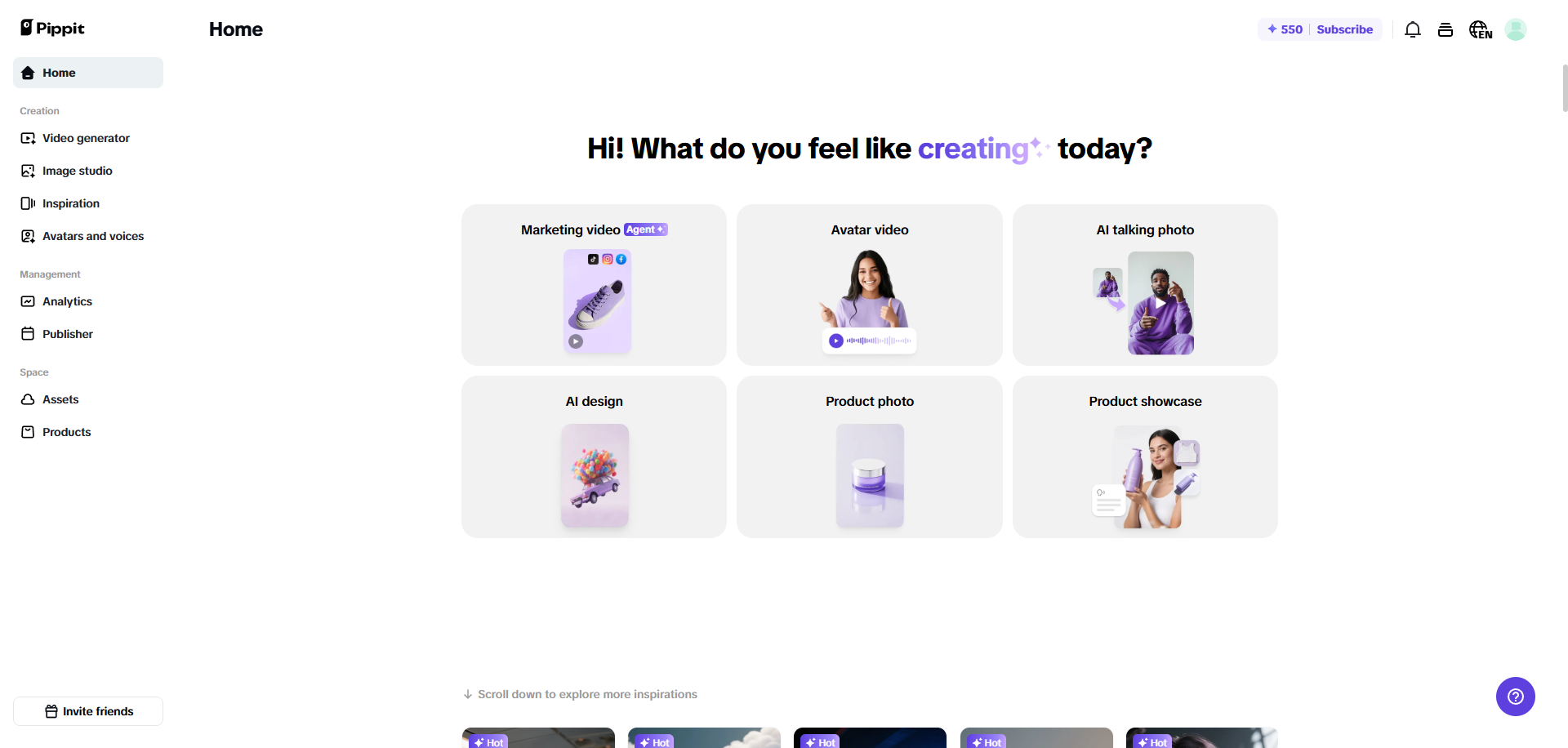 Página inicial do Pippit