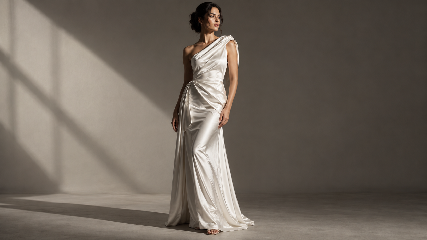 Mga senyas ng AI white long dress: Sculptural White Satin Studio Look