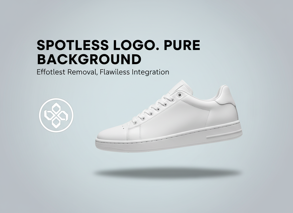 Vetrina di rimozione dello sfondo: ritaglio nitido di sneakers, bordi del logo puliti su un gradiente minimalista, alto contrasto per chiarezza.