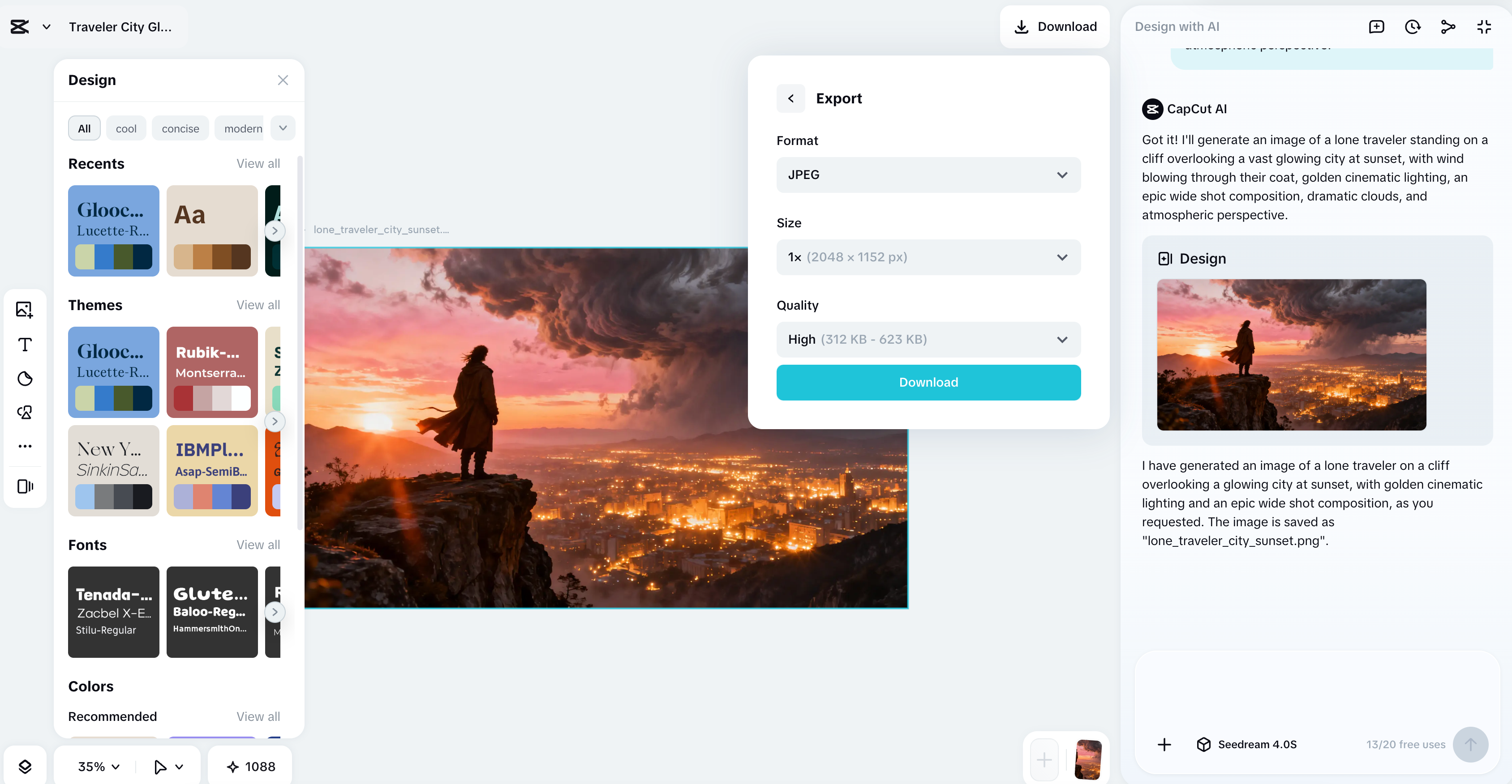 A lone traveler standing on a cliff overlooking a vast glowing city at sunset