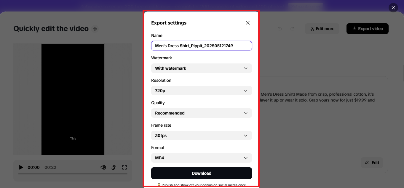 Options to adjust video quality settings before downloading