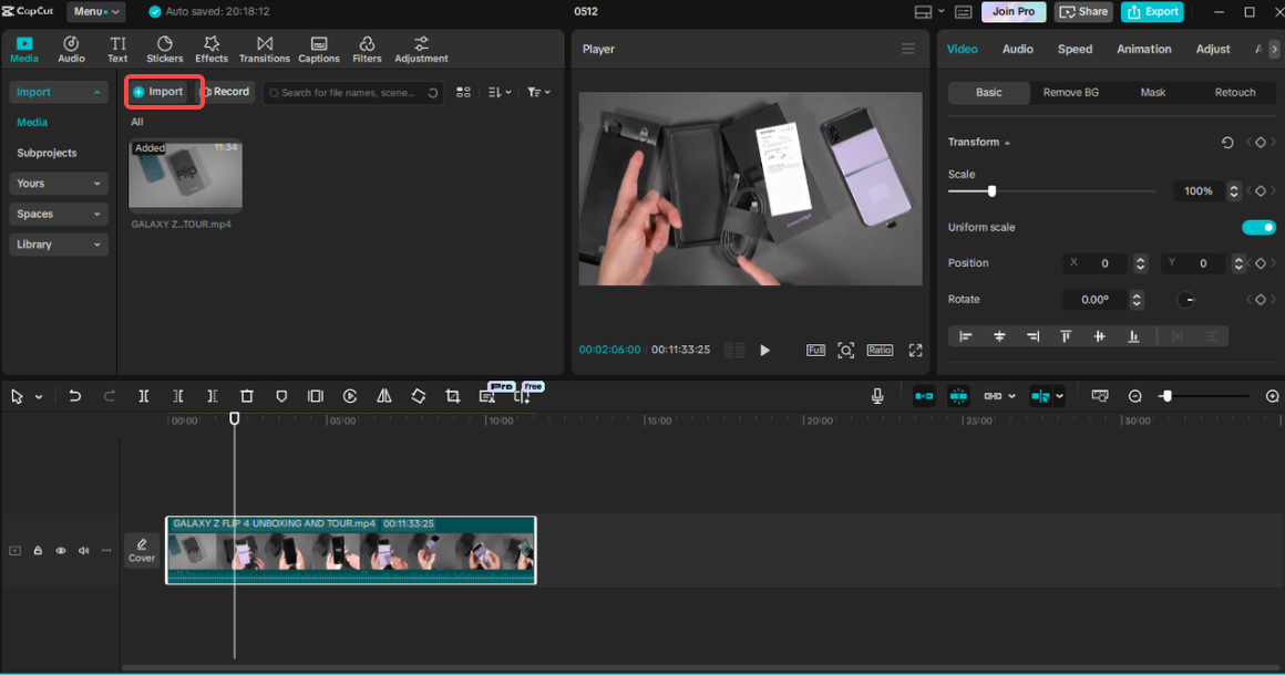 Importing your video into CapCut