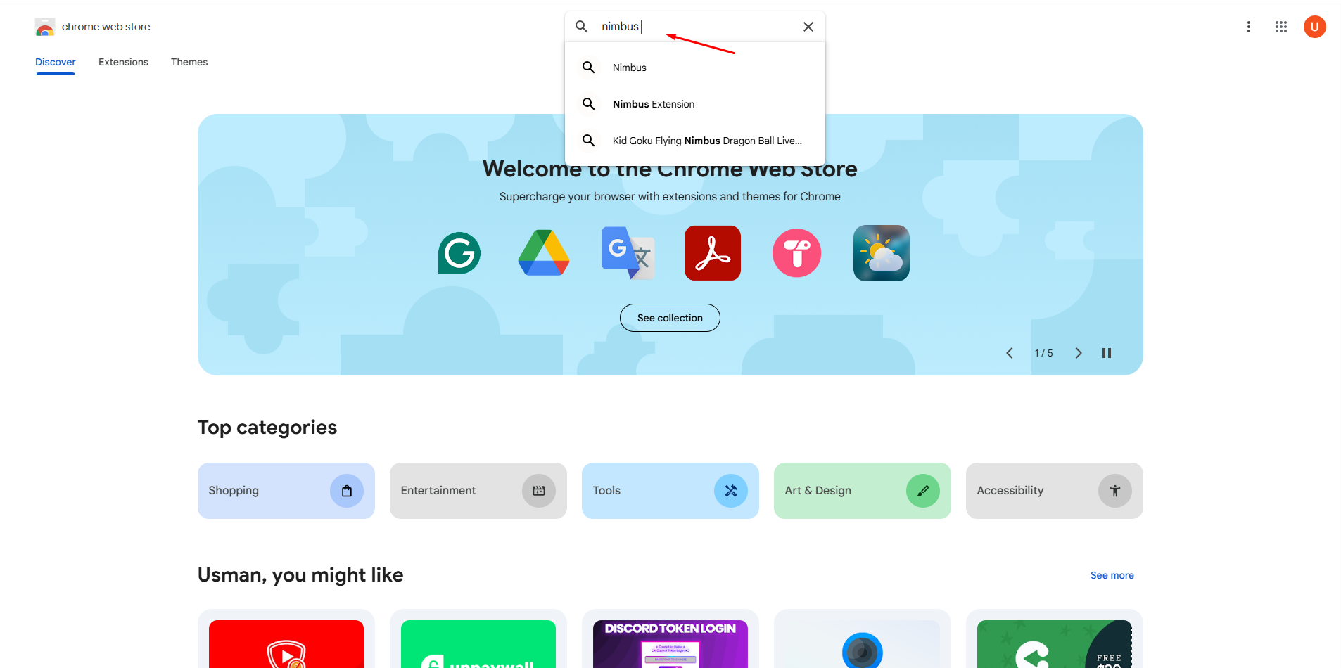 Відкриття веб-магазину Chrome для захоплення екрану Nimbus