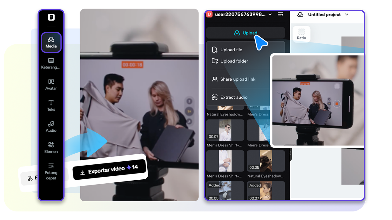 Potong dan seret video ke timeline dengan mudah.