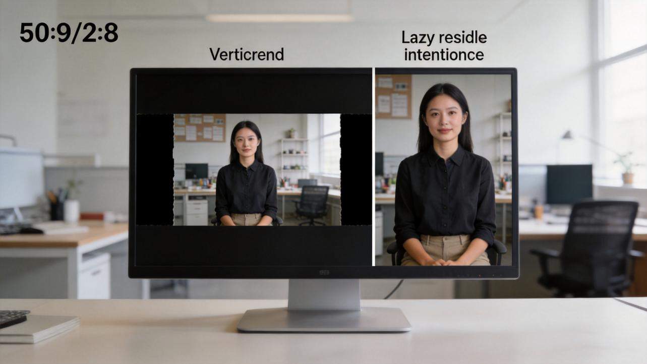 Computer monitor showing 50:9/2:8, vertical and wide video examples of a woman in an office
