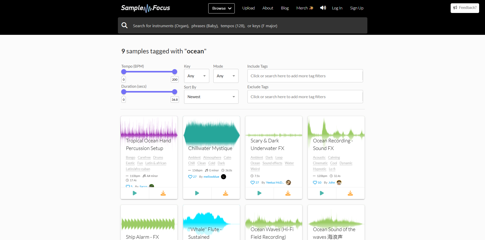 Interface of Sample Focus - a well known resource for ocean sound FX