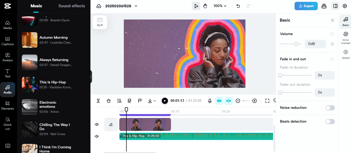 อินเทอร์เฟซการตัดต่อวิดีโอแสดงโปรเจกต์ช่อง YouTube ที่ไม่มีใบหน้า พร้อมการเลือกเพลงและการใช้เอฟเฟกต์ภาพ