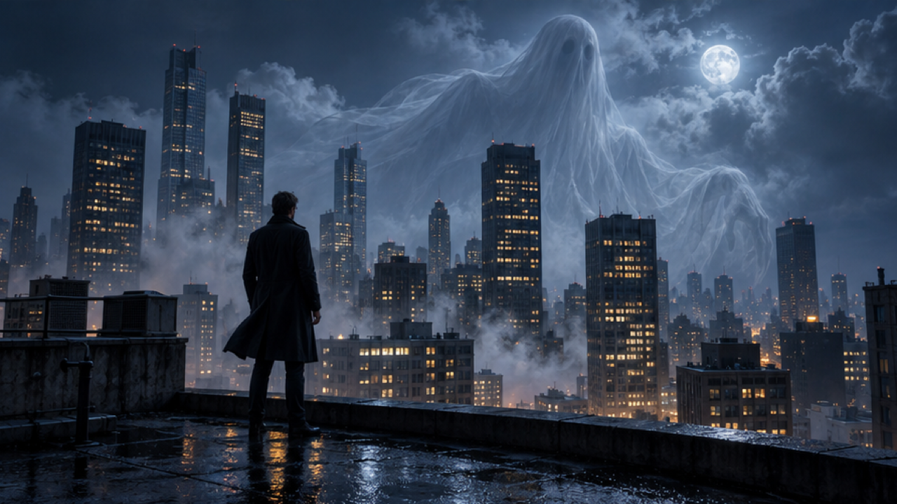 A distant adult observer on a rooftop facing a huge translucent ghost behind office towers, moonlit clouds, cinematic scale contrast