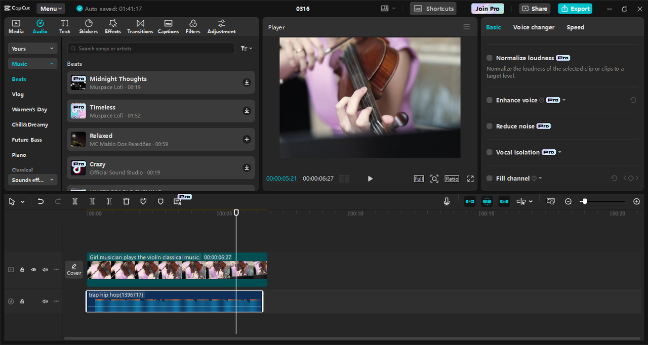 Interface do editor de vídeo para desktop CapCut - a melhor ferramenta para adicionar músicas facilmente aos seus vídeos