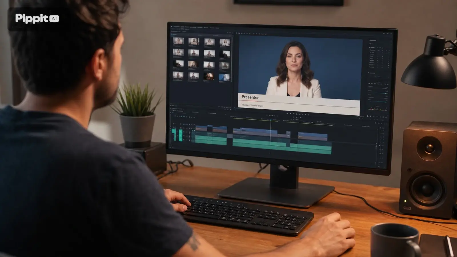 Pessoa editando um vídeo de apresentador de IA em um monitor de desktop.