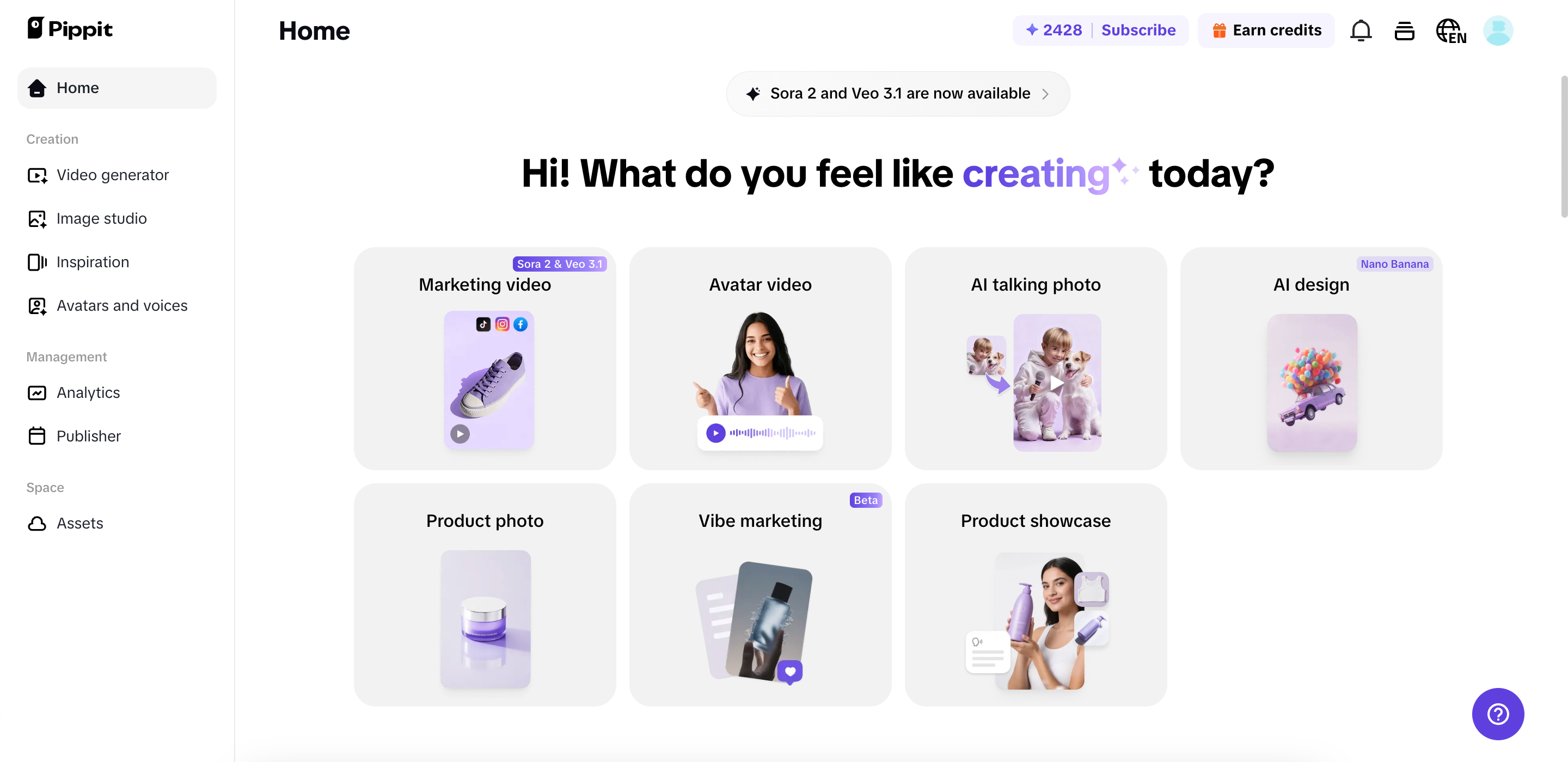 Página principal do Pippit