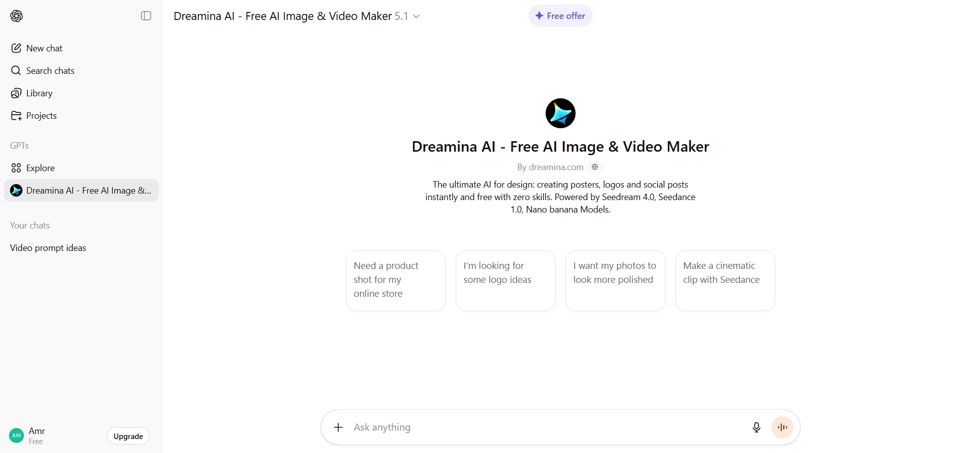 Dreamina plugin interface in ChatGPT