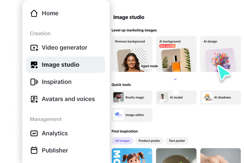 Agent Mode UI card showing prompt, product link, and reference images.