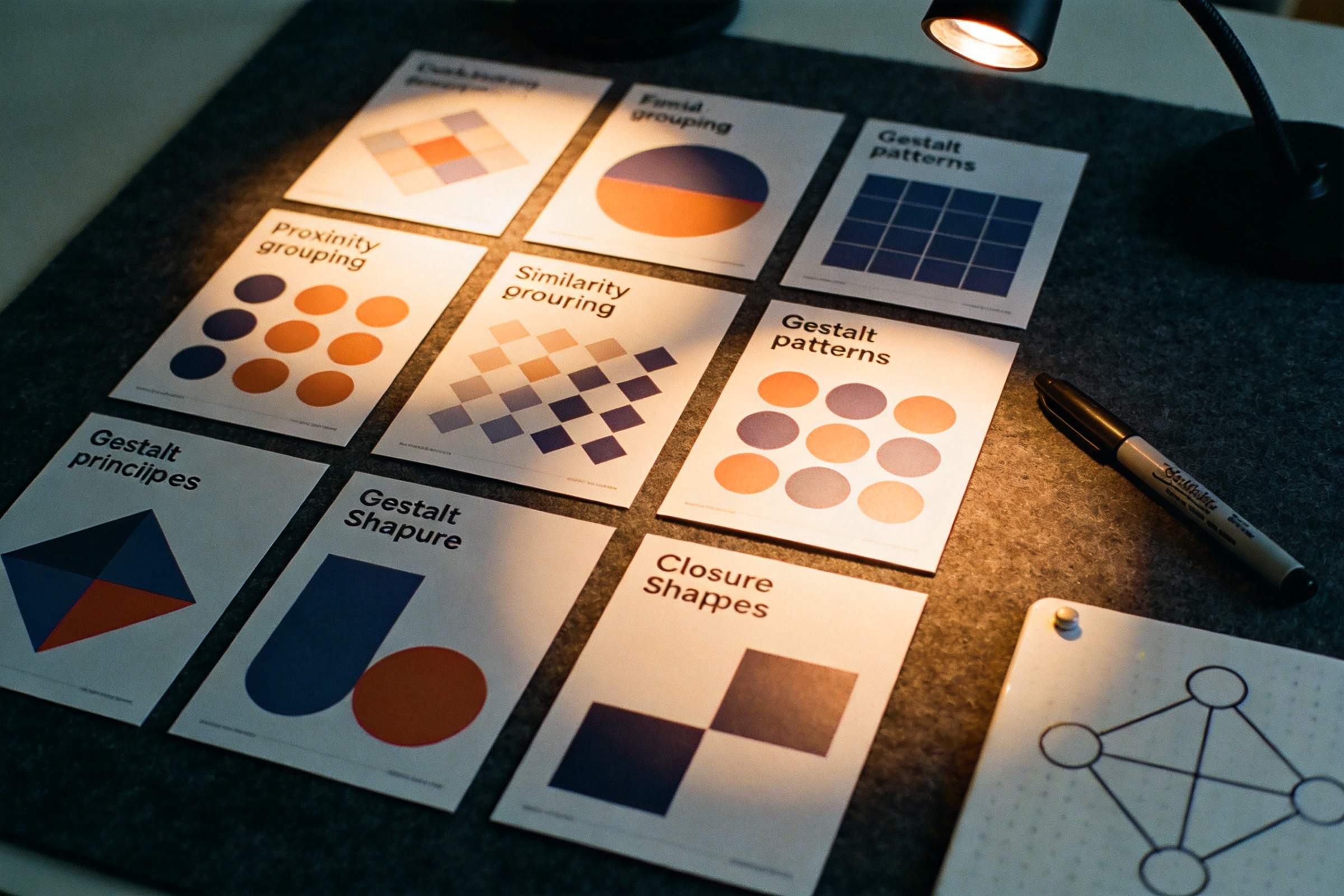 Gestalt principles cards showing grouping, patterns, and closure diagrams under a lamp