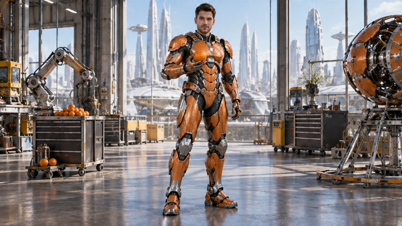 Premium photorealistic 16:9 still of original adult man full body visible in orange and silver segmented mechanical armor, uncovered face short dark hair, holding one orange at chest height in airy daylight futuristic workshop, citrus rind inspired panel texture silver hinges, refined cinematic realism, no text logos watermark.