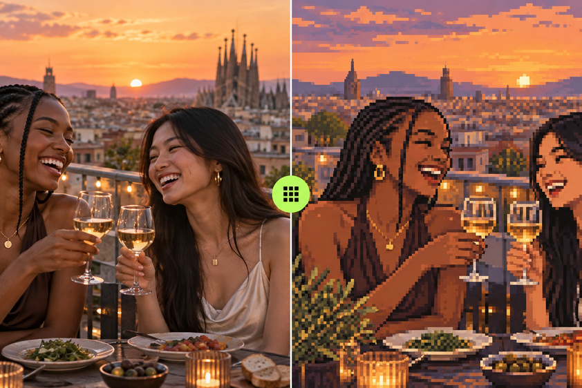 Pixel-art benefit creating a distinctive social image from a rooftop photo