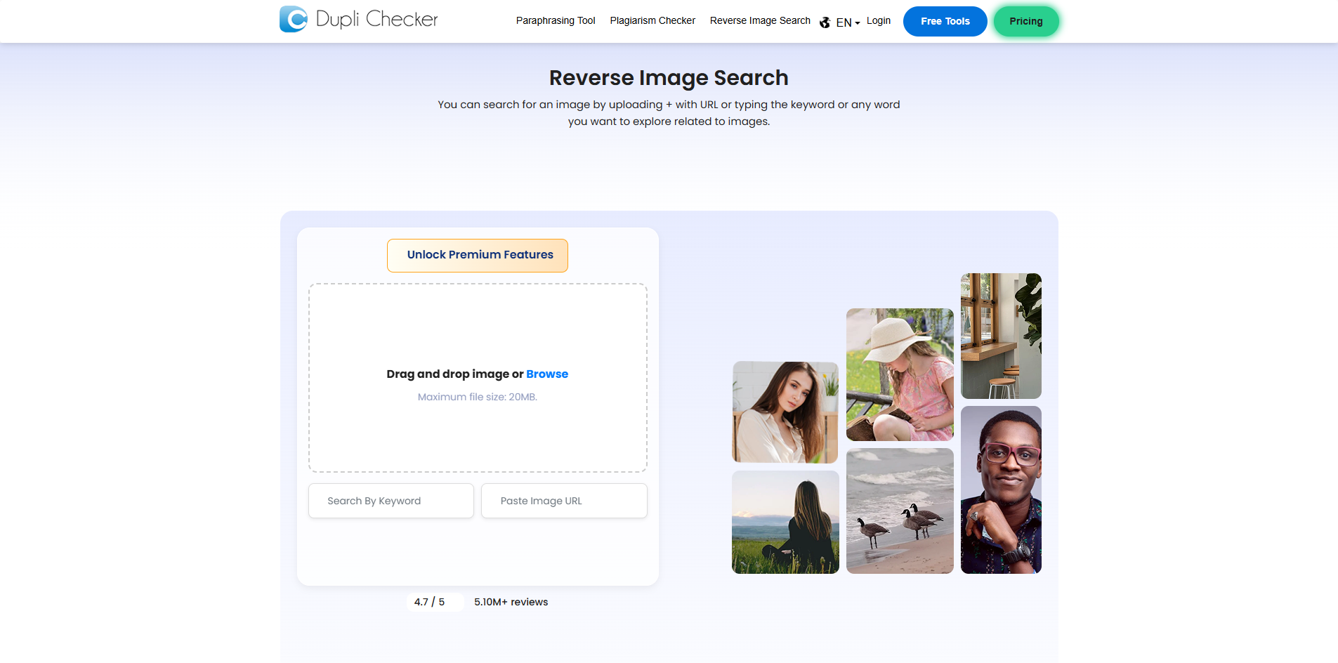 Interface of Dupli Checker - a tool to search Facebook with image