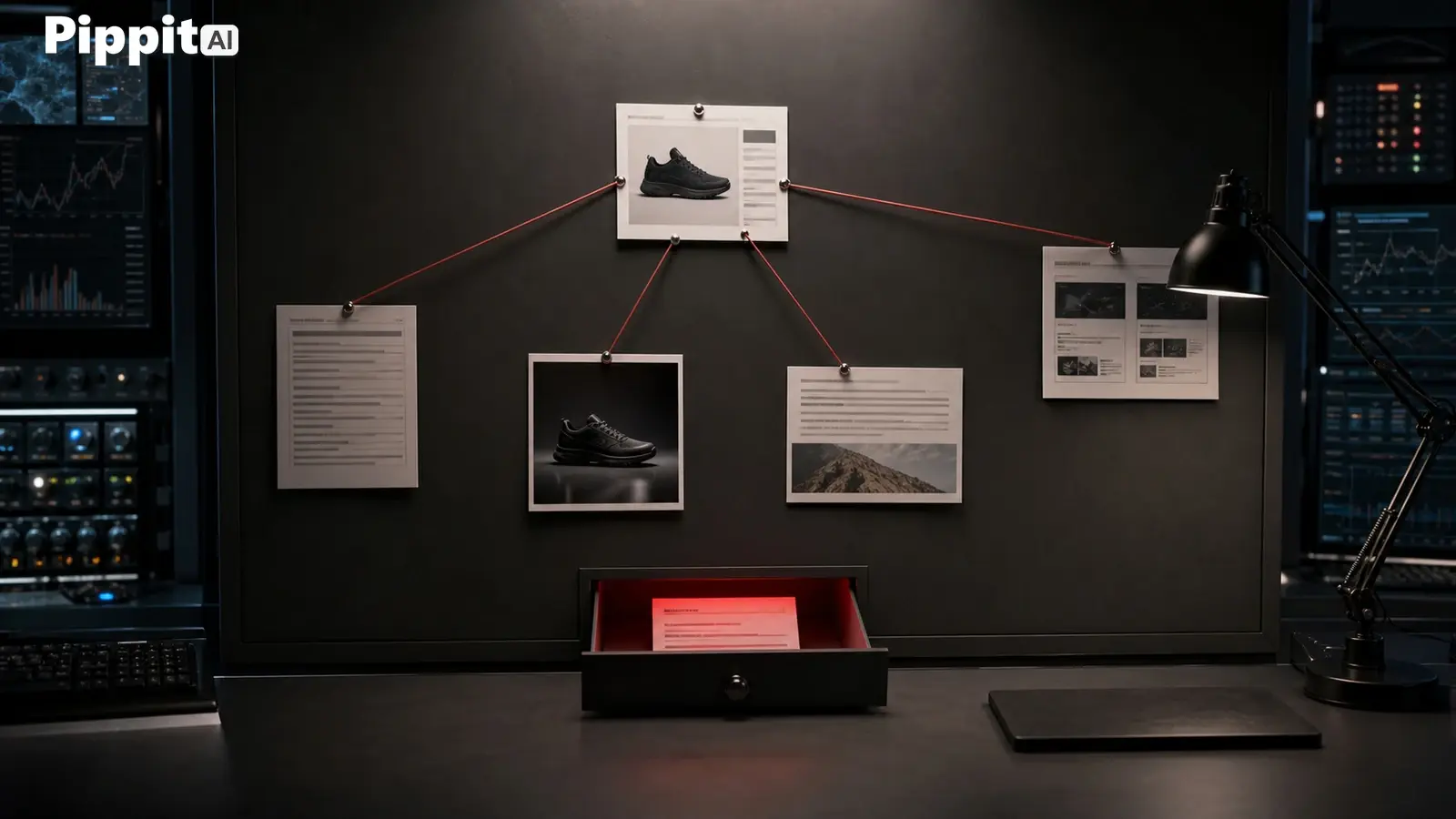 Pinned product pages connected by red strings, with a black sneaker at the center