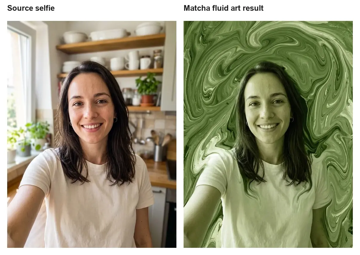 Selfie transformed into a green matcha fluid art portrait