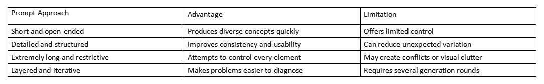 Table comparing prompt approaches, advantages, and limitations for short, detailed, restrictive, and iterative prompts