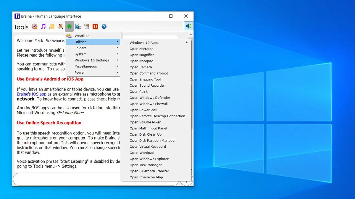 Oberfläche von Braina Pro – ein leistungsstarkes Tool zur Umwandlung von Sprache in Text auf Windows 10.