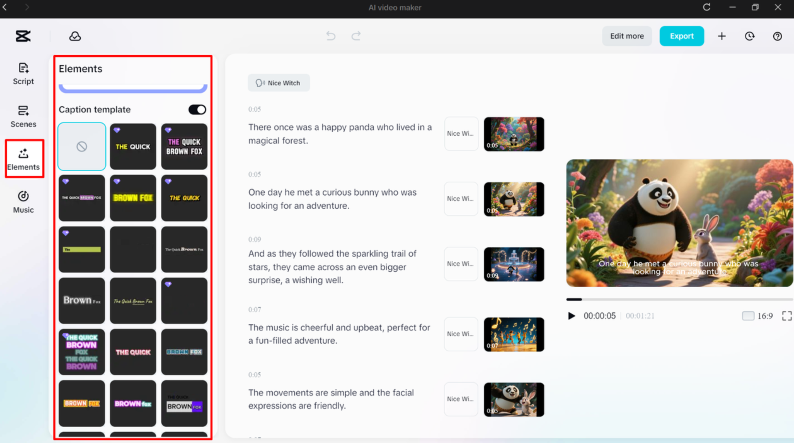 Applying a caption template to the video in CapCut's AI video maker
