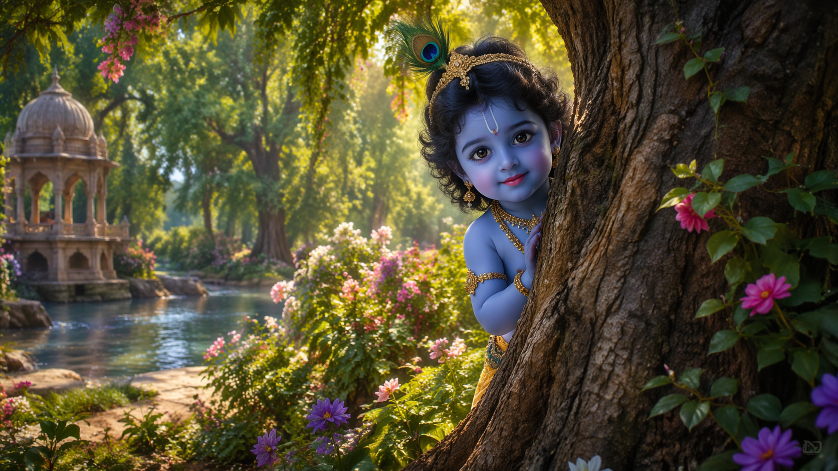 Dreamina Küçük Krishna Ağaç Fotoğraflarının Arkasında Saklanıyor İstemi örnek 1: Golden Forest Hideaway