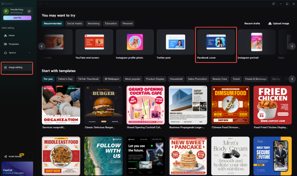 Acessando a opção "Facebook cover" no CapCut