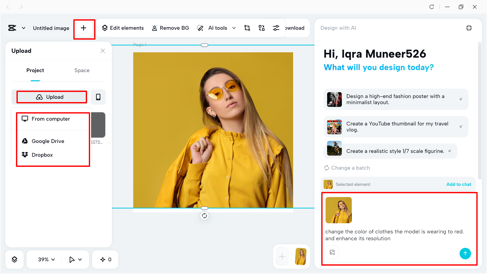 Upload the image and enter your prompt in the CapCut