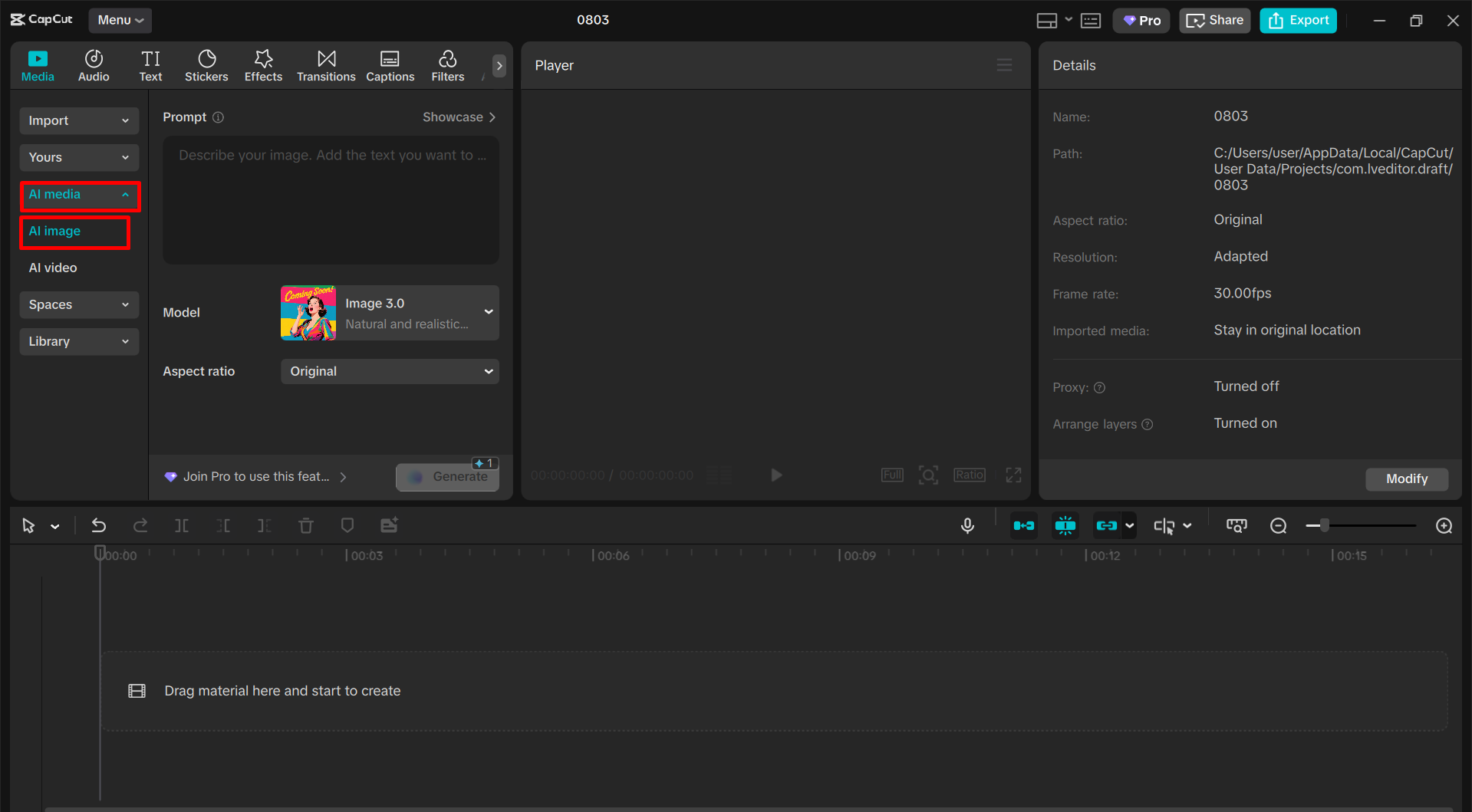 Accessing the text-to-image tool in the CapCut desktop video editor