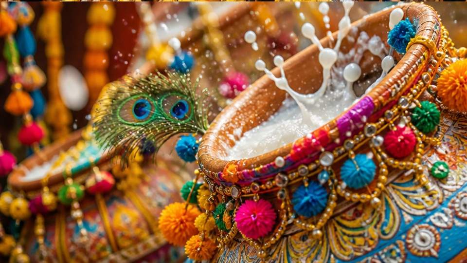Dahi Handi AI Image Prompts — a colorful close-up of the decorated clay pot