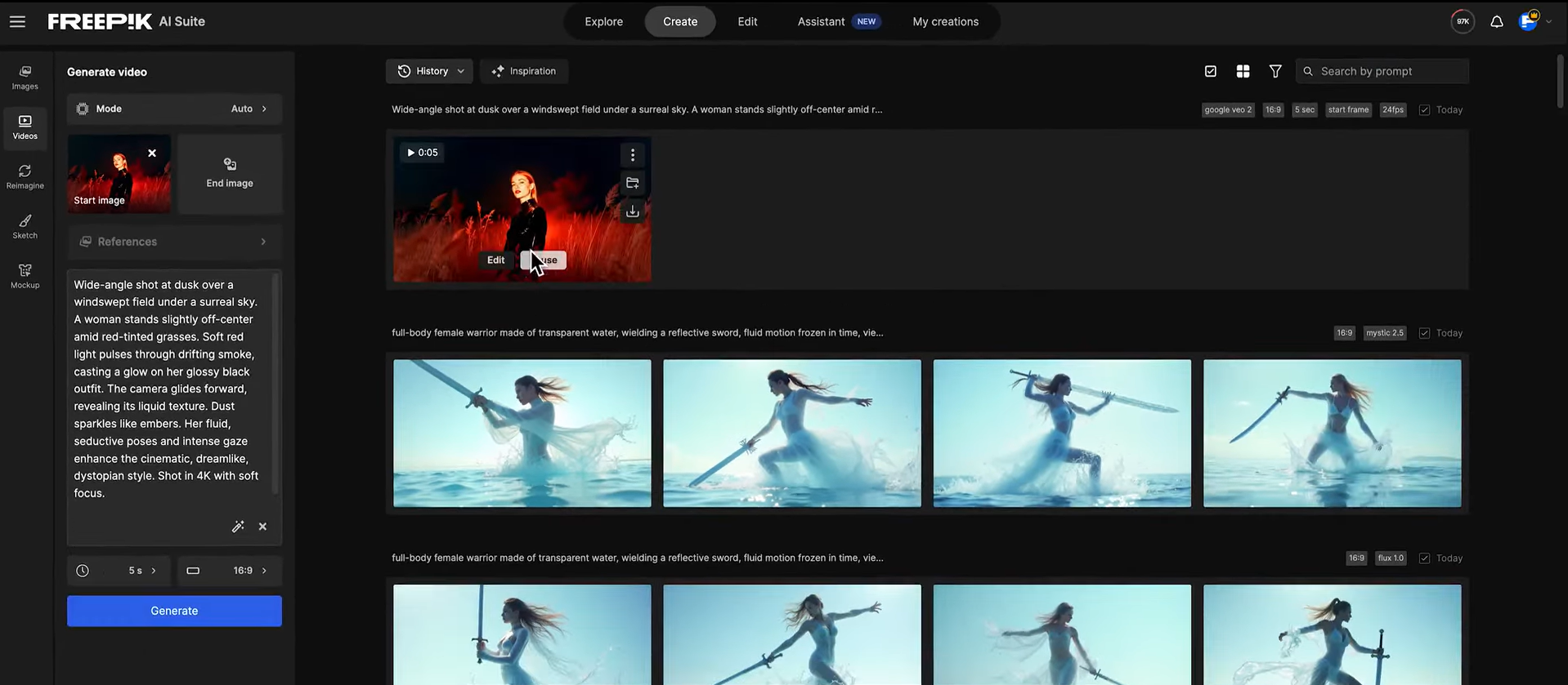 Generazione di un video con il generatore di video AI Freepik