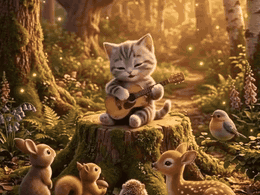 Kitten plays a small guitar in a glowing forest while rabbits, birds, and a fawn listen