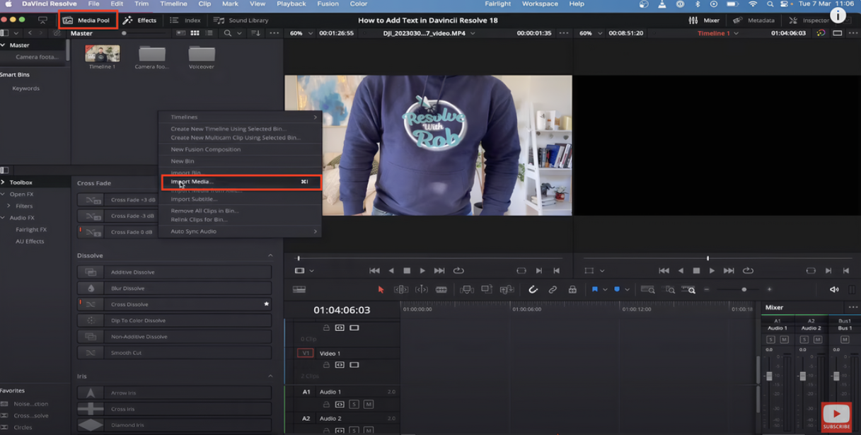 Import media files by clicking Media Pool