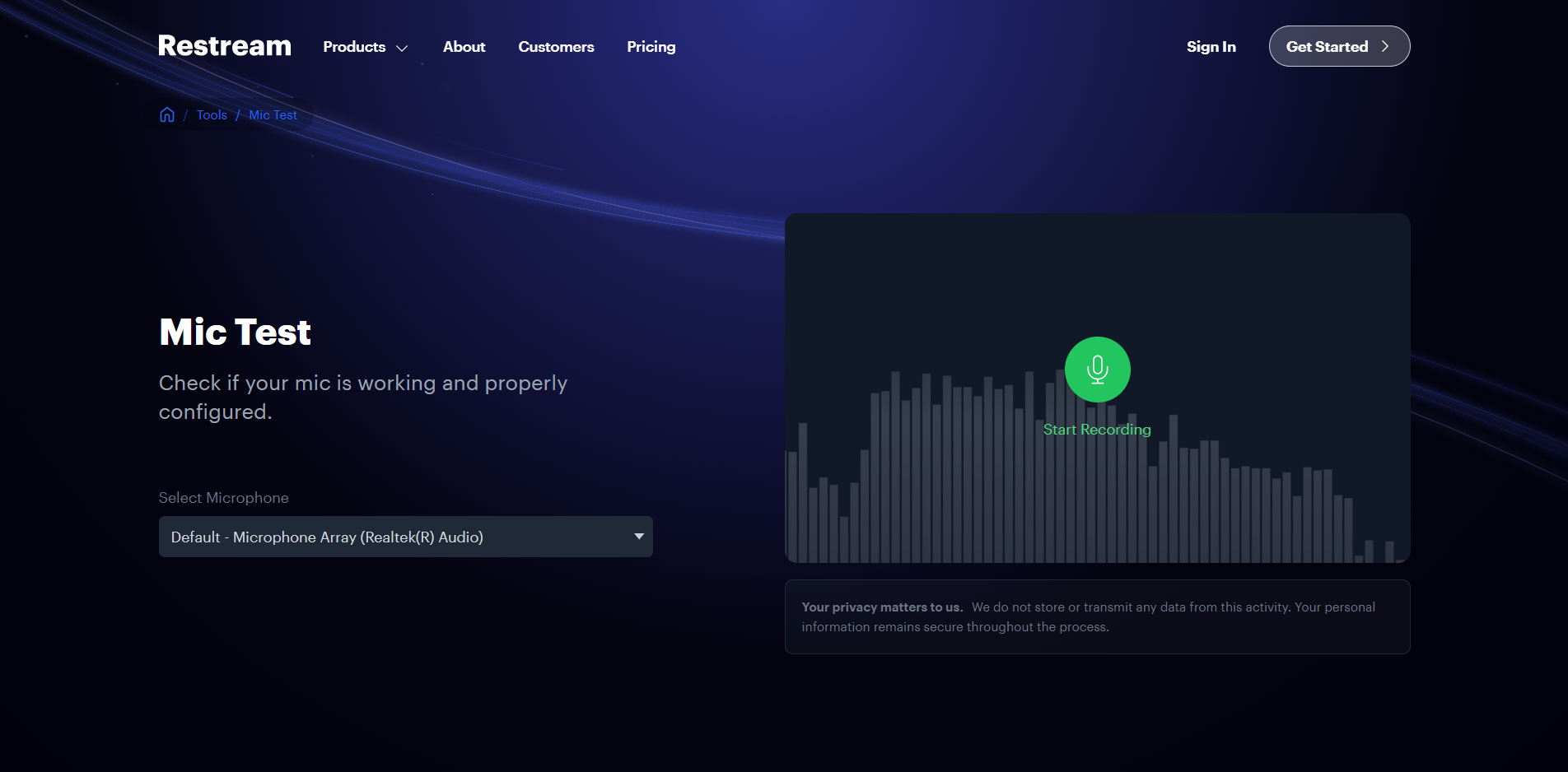 Interface of Restream - an easy to use tool to do audio test sound