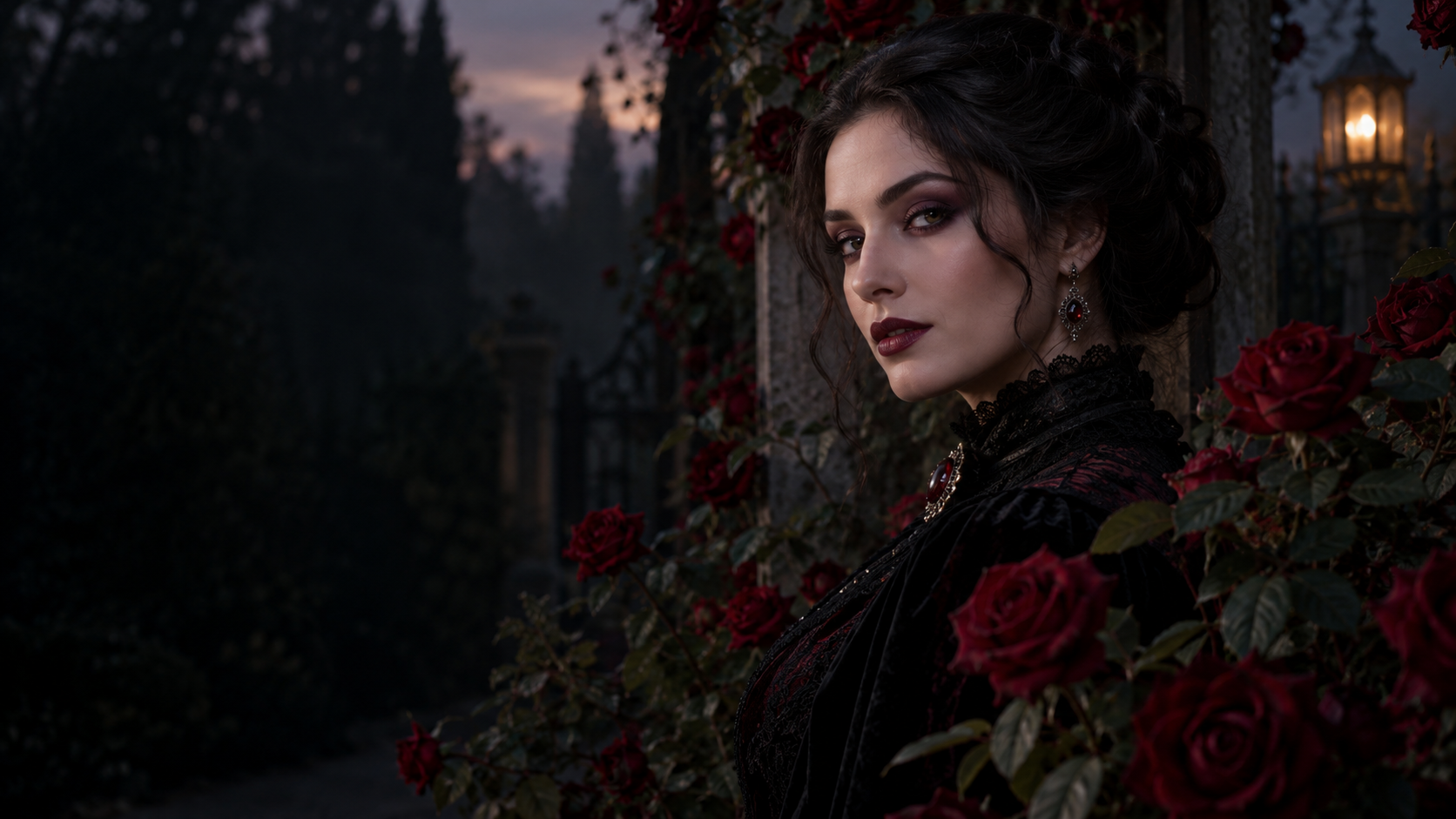 Dark Romantic Garden: Una donna adulta immaginaria con ombretto di prugna e colletto di pizzo tra rose rosse profonde in un giardino crepuscolare, raffinato ritratto gotico lunatico.
