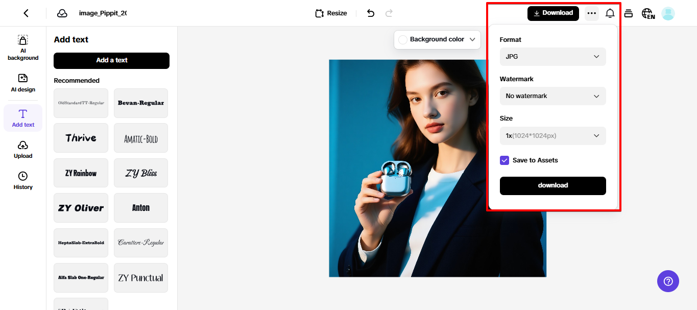 Exporting image from Pippit